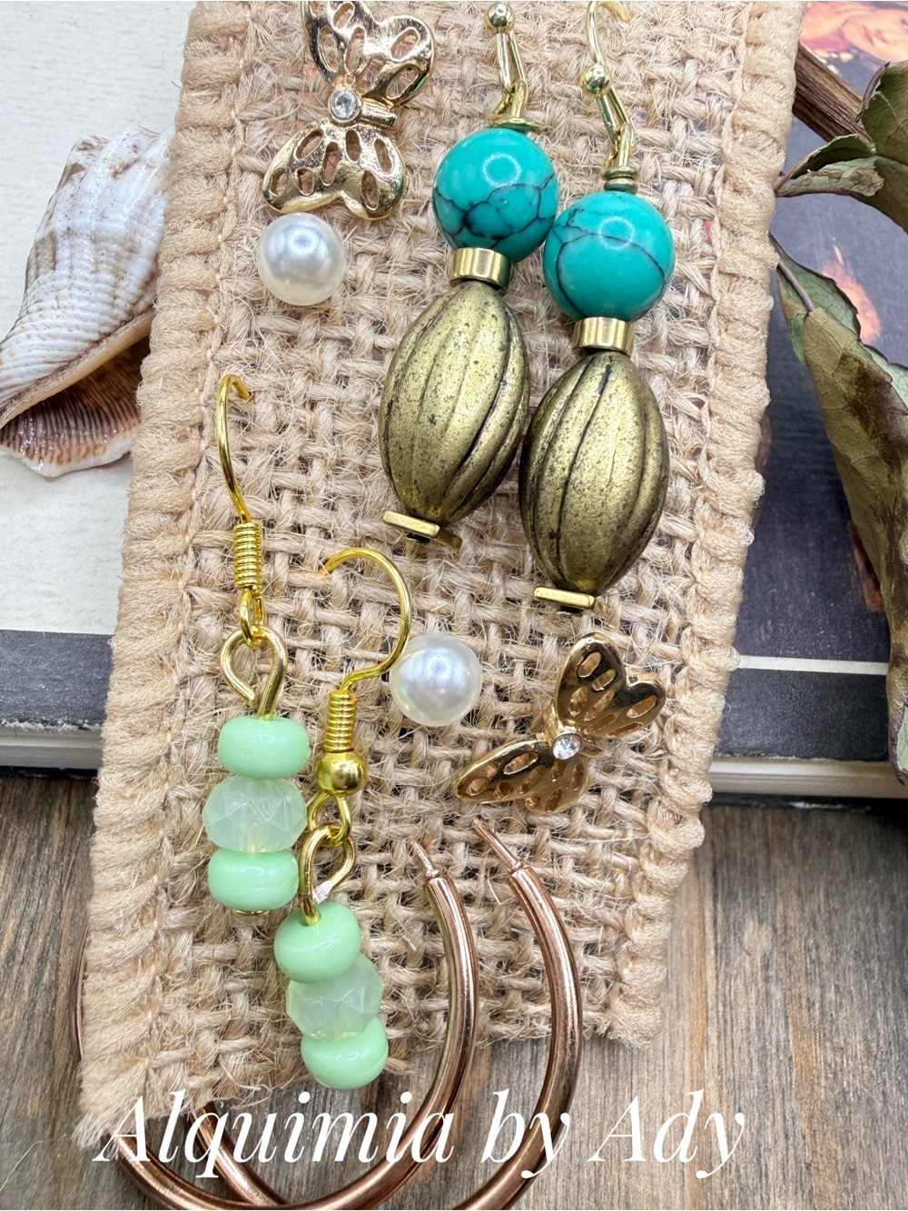 VACATION READY + GREEN EARRINGS SET + turquoise bronze pearl aventurine - Picture 3 of 5